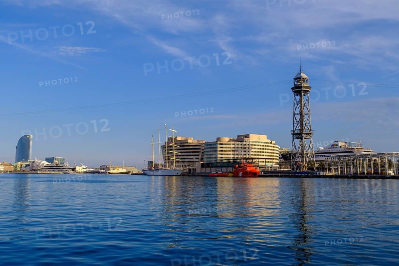 At the harbour, with Telefèric del Port, cable car tower, Barcelona, Catalonia, Spain, Europe