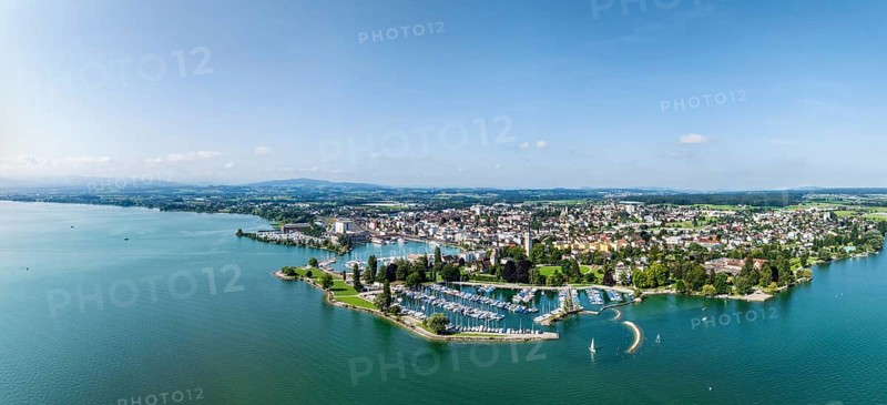 Harbour area, ferry port, yacht harbour, marina of Romanshorn with lake park, aerial view, panorama, Lake Constance, Canton Thurgau, Switzerland, Europe