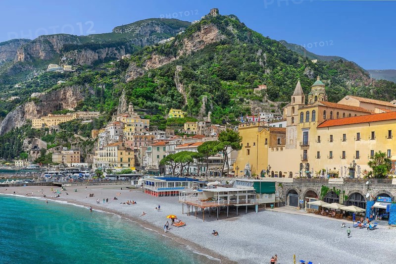 Waterfront of the village with beach, Amalfi, Amalfi Coast, Amalfitana, Campania, Italy, Europe