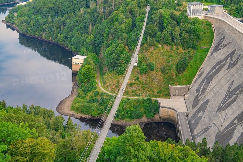 View of a bridge crossing a dam surrounded by dense forest and a calm body of water, Rappbodetalsperre, Harz Mountains, Germany, Europe