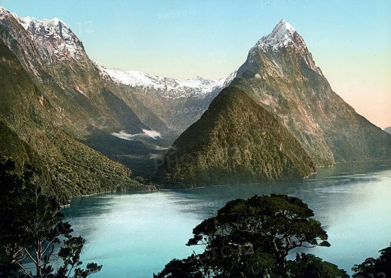 The Mitre Peak, Milford Sound, New Zealand, 1890, Historic, digitally restored reproduction from a 19th century original, The Mitre Peak, New Zealand, Historic, digitally restored reproduction from a 19th century original, Oceania