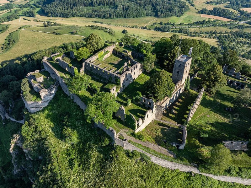 Aerial view of the Hohentwiel volcanic cone with Germany's largest fortress ruins, district of Constance, Baden-Württemberg, Germany, Europe