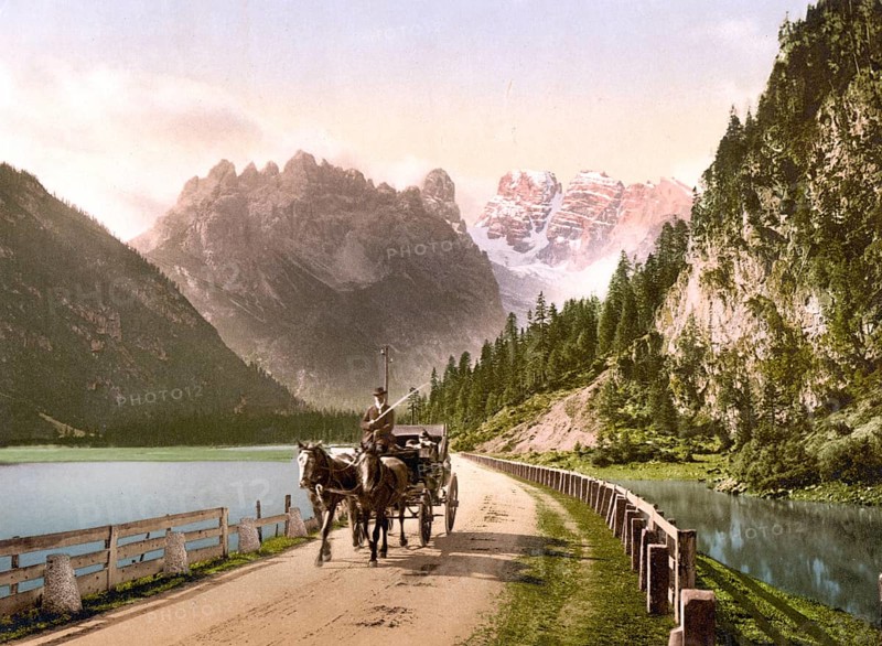 Monte Cristallo, Crystal Mountain, and Mont Popena, Ampezzo Road at Lake Durren, Tyrol, formerly Austria-Hungary, today South Tyrol, Italy, Historical, digitally restored reproduction from a 19th century original, Record date not stated, Europe