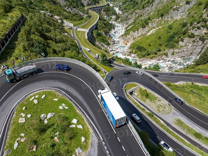 Switchbacks on the Gotthard Pass. Winding Alpine road. Drone photo. Andermatt, Canton Uri, Switzerland, Europe