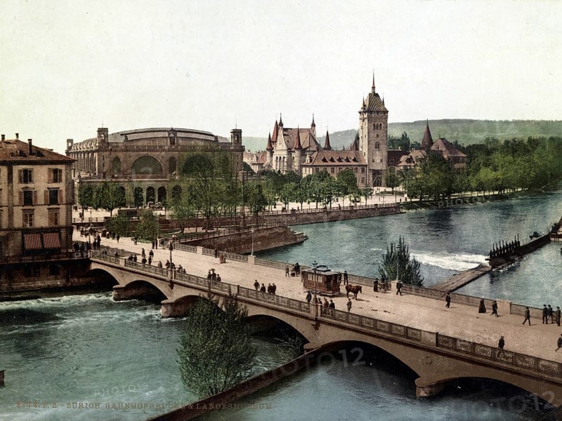 Bahnhofbrücke und Landesmuseum, Zurich, Switzerland, digitally restored reproduction from a 19th century original, record date not stated, Bahnhofbrücke and Landes Museum, Switzerland, digitally restored reproduction from a 19th century original, record date not stated, Europe