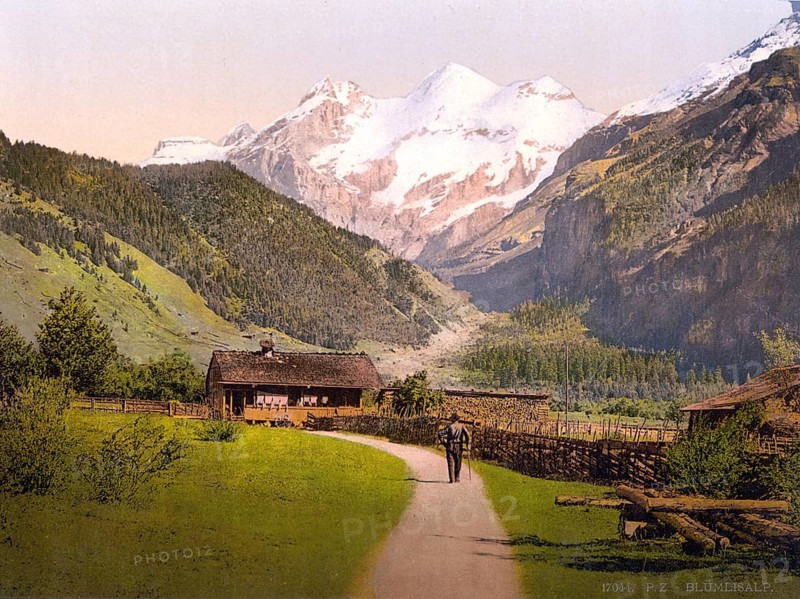 Blümlisalp und Chalets, Bernese Oberland, Switzerland, Historic, digitally restored reproduction from a 19th century original, Record date not stated, Blümlisalp and chalets, Bernese Oberland, Switzerland, Historic, digitally restored reproduction from a 19th century original, Record date not stated, Europe
