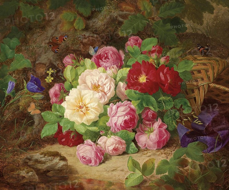 Lush bouquet of flowers on the forest floor, painting by Josef Lauer (1818, 1881), Austrian still life painter who was active in the Biedermeier period, among others