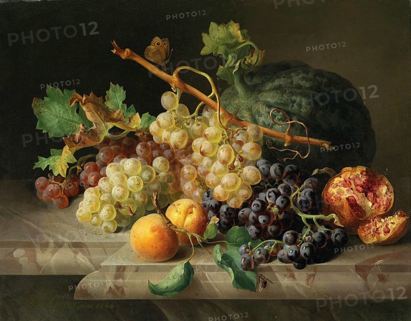 Fruit still life with pomegranate, grapes and melon, painting by Josef Lauer (1818, 1881), Austrian still life painter who was active in the Biedermeier period, among others