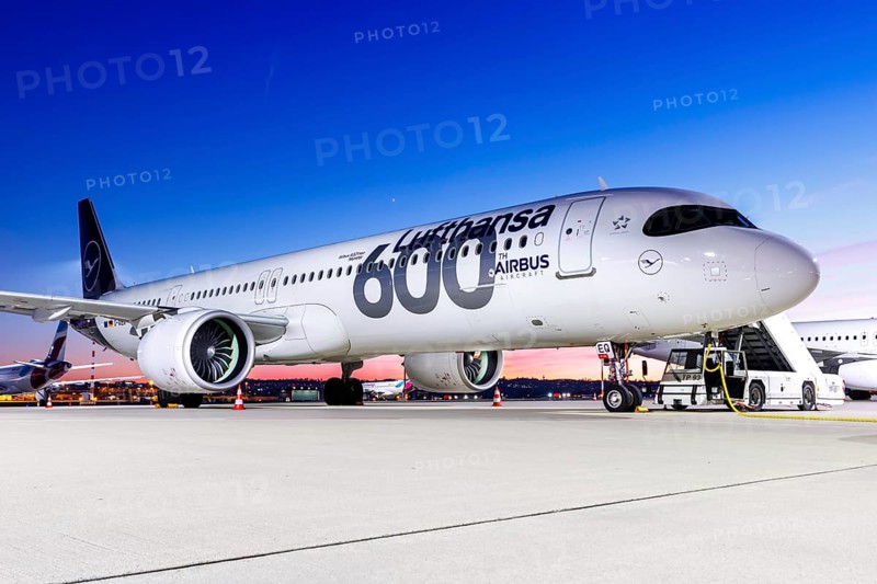 A Lufthansa Airbus A321neo aircraft with the registration D-AIEQ and the 600th Airbus Aircraft livery at Stuttgart Airport, Germany, Europe