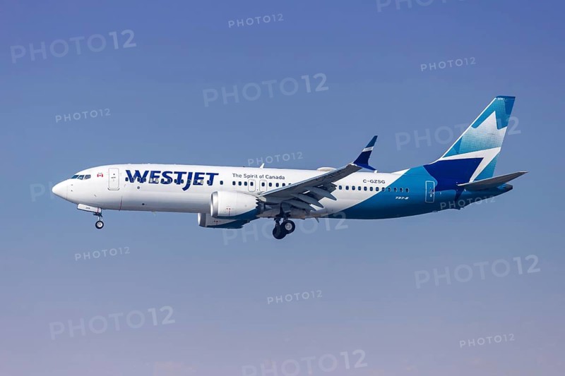 A Boeing 737-8 MAX aircraft of WestJet Airlines with the registration C-GZSG at Los Angeles Airport, USA, North America