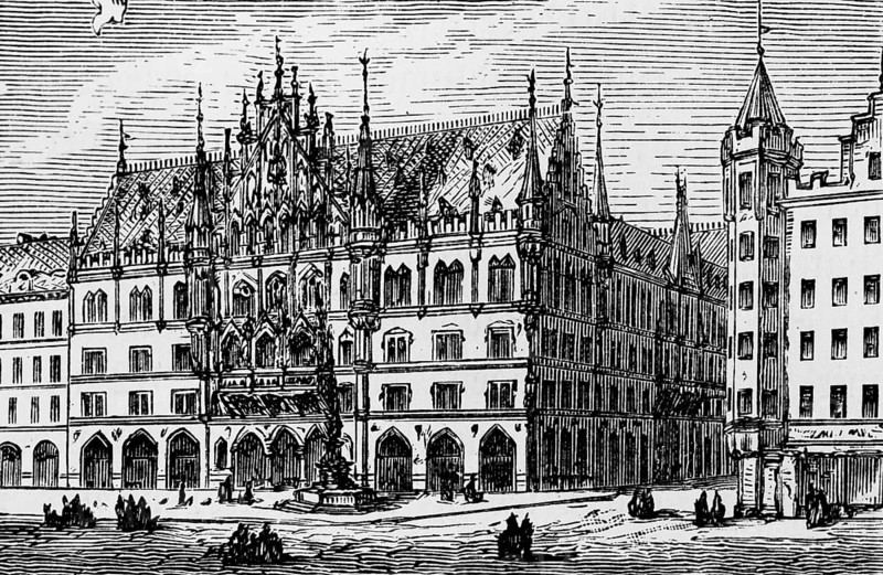 New town hall on Marienplatz in neo-Gothic architecture, Munich city administration, fountain, people, travel, Germany, historical illustration 1885, Europe