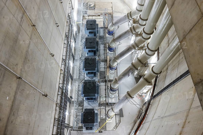 Oberhausen, Ruhr area, North Rhine-Westphalia, Germany - Emscher conversion, new Emscher AKE sewer, here the new Oberhausen pumping station, the engine room with the pumps that will pump 16, 000 litres of wastewater per minute in the future, the ecological conversion of the Emscher system consists of the construction of a central wastewater treatment system in the Ruhr area, the construction of sewers and the renaturation of the Emscher and its tributaries