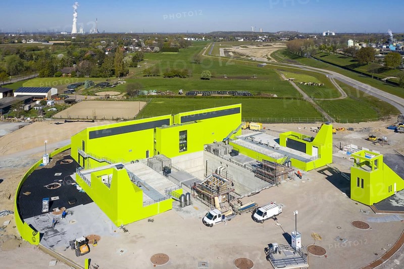 Oberhausen, North Rhine-Westphalia, Germany - Emscher conversion, new Emscher AKE sewer, here the new Oberhausen pumping station, the ecological conversion of the Emscher system consists of the construction of a central wastewater treatment system in the Ruhr area, the construction of sewers and the renaturalisation of the Emscher and its tributaries