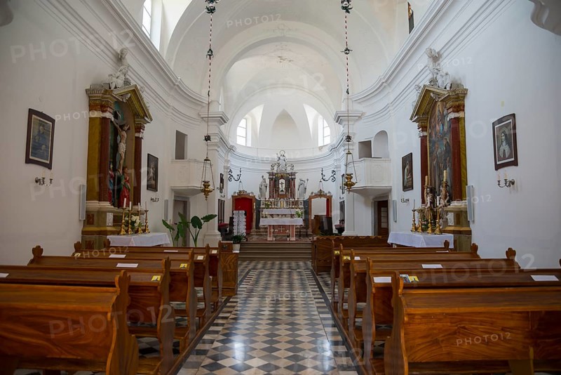 Bright church interior with wooden benches and magnificent altar, Benedictine monastery and Church of St Mary of the Angels, old town centre, Krk town, island of Krk, Kvarner Gulf Bay, Primorje-Gorski kotar, Croatia, Europe