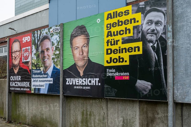 Board with election posters, SPD, CDU, Bündnis90 Die Grünen, FDP, Bundestag election 2025, Kamen, North Rhine-Westphalia, Germany, Europe