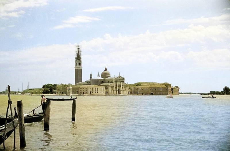 Island of San Giorgio Maggiore, Venice, Italy, Europe 1956 colourised image from Ektachrome slide, Europe