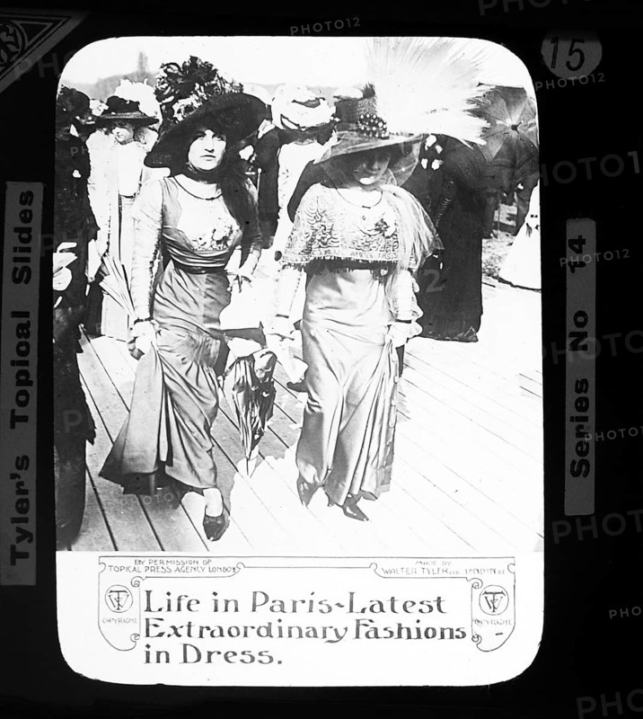 Life in Paris. The latest extraordinary dress fashions. Walter Tyler Ltd. magic lantern slide around 1910