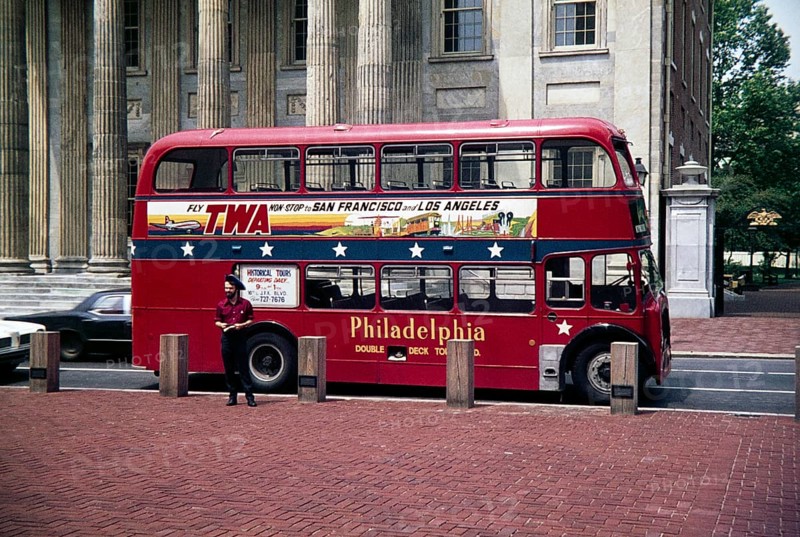 Red London double-decker bus, used for city tours, Philadelphia, Pennsylvania, USA, 1976, North America