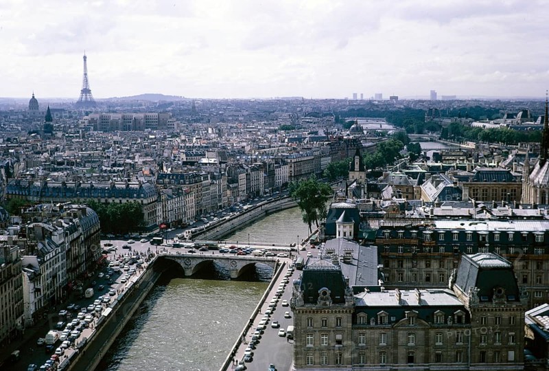 City view from Notre Dame Cathedral, Paris, France, 1970 with a view of the Seine and the Eiffel Tower, Europe