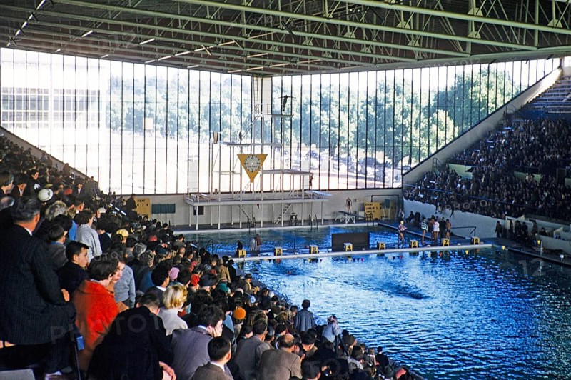 Crowds in the swimming pool during high diving at the Summer Olympics, Melbourne, Australia, 1956, Oceania