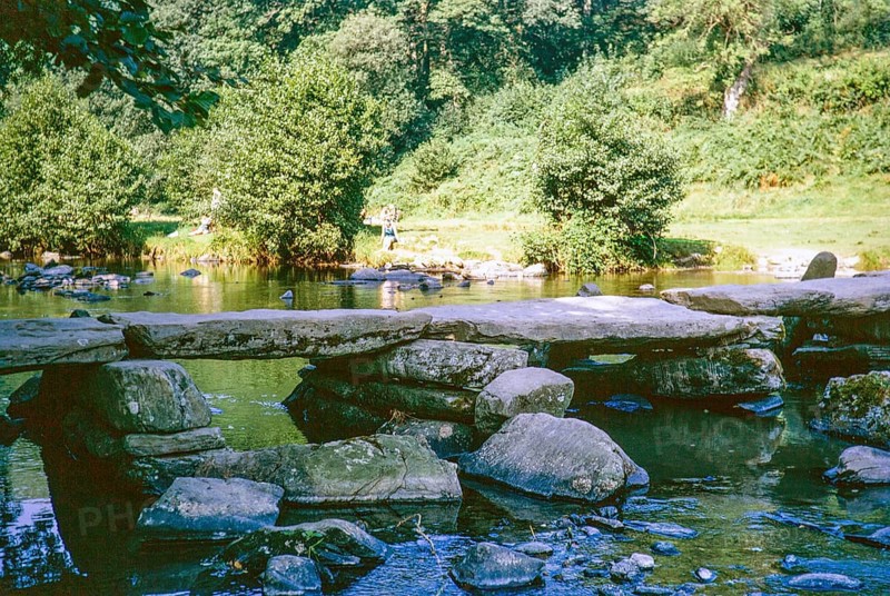 Tarr Steps bascule bridge, River Barle, Exmoor National Park, Somerset, England, Great Britain, autumn 1968