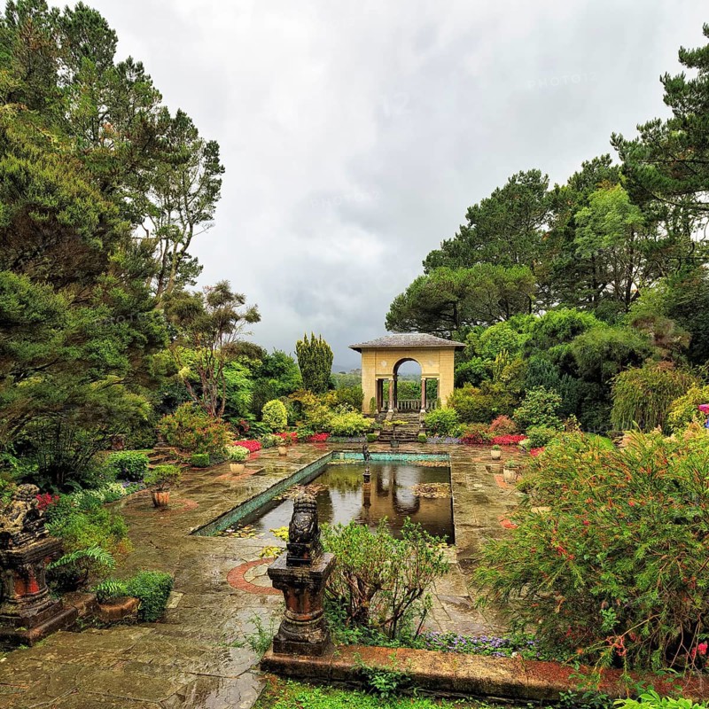 Ilnacullin, Garinish Island, gardens, Italian garden, rainy weather, rain clouds, Glengarriff, Bay of Bantry, Ring of Beara coastal road, County Cork, Wild Atlantic Way, Ireland, Europe