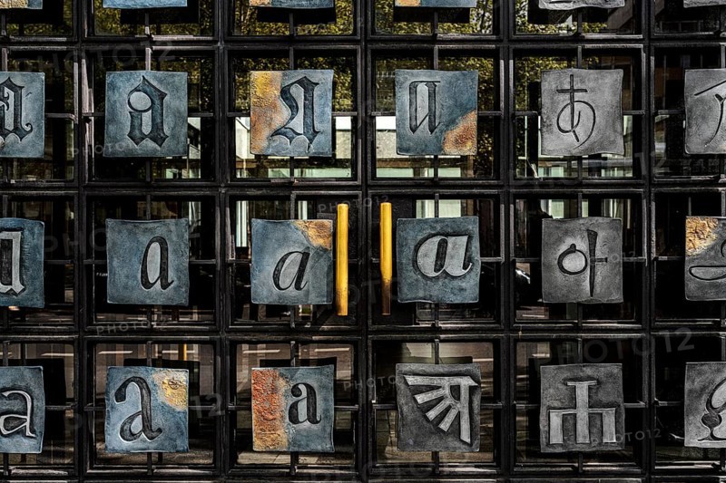 Entrance door with alphabet at the Central and State Library, Berlin, Germany, Europe