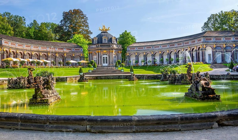 Upper Grotto with water features in front of the New Palace with Temple of the Sun in the Hermitage Palace Park, Bayreuth, Upper Franconia, Franconia, Bavaria, Germany, Europe