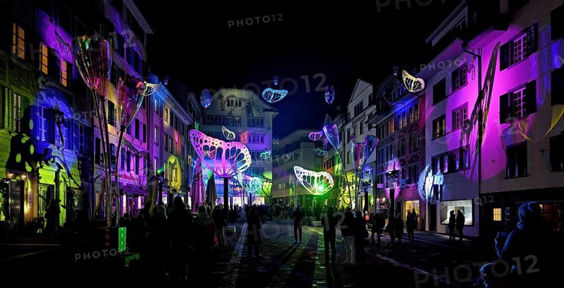 Light installation, on building facades and sculptures in the form of glasses and butterflies in the old town, Lilu, Light Festival 2025, Lucerne, Canton of Lucerne, Switzerland, Europe