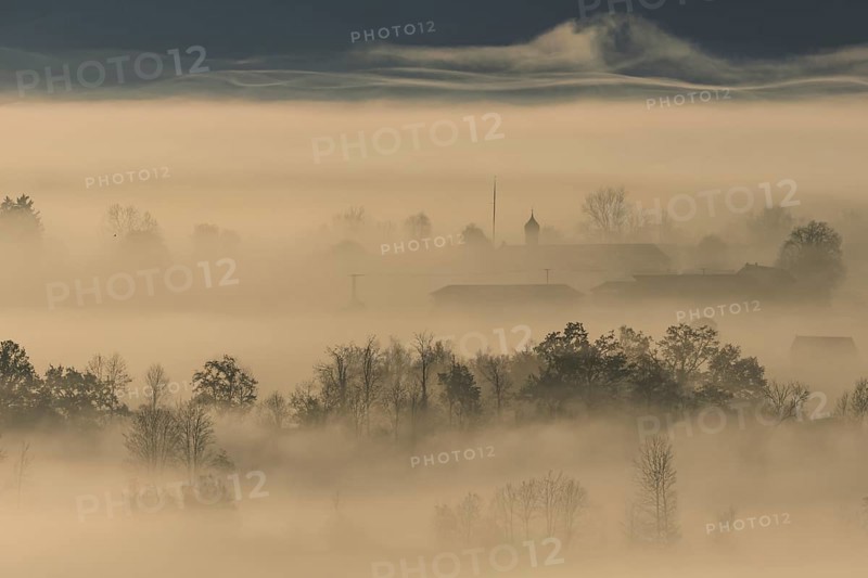 Foggy mood, fog, morning light, backlight, church tower, autumn, Loisach-Lake Kochel moor, view of Schlehdorf, Alpine foothills, Bavaria, Germany, Europe