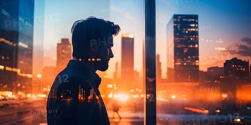 AI generated profile of a businessman with a double exposure of city lights, representing business success against an evening sky