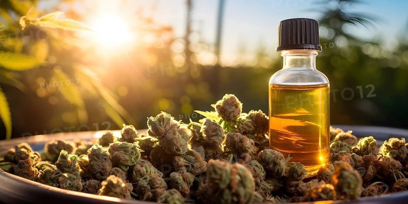Glass jar filled with dried cannabis buds and oil on a weathered wooden counter, AI generated