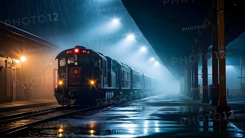 Nighttime train wash in a misty depot with water spray, AI generated
