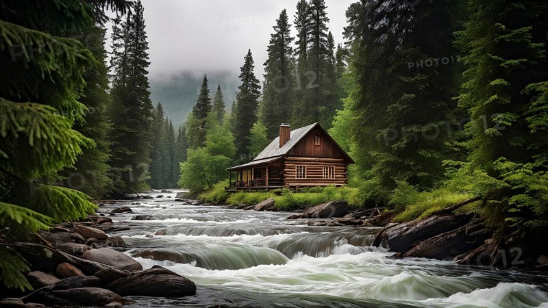 Rustic log cabin nestled in a dense evergreen forest with a river with whitewater in the foreground, AI generated