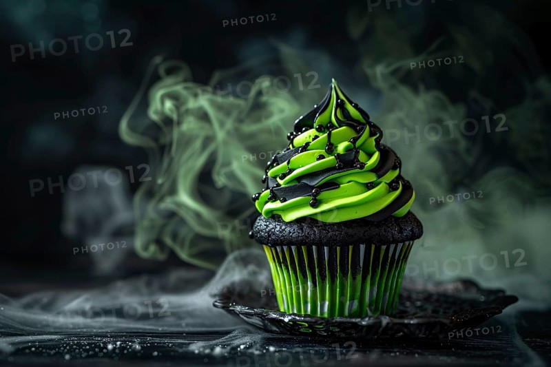 Halloween cupcake with bright neon green and black frosting. Generative Ai, AI generated