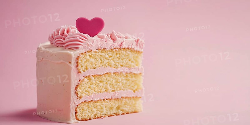 Slice of layered cake with heart on pastel pink background with copy space. Generative Ai, AI generated