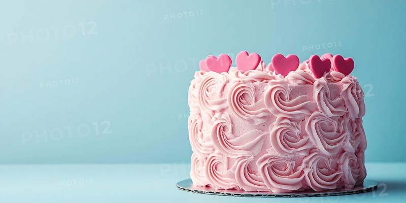 Whole pink cream cake with hearts on pastel blue background with copy space. Generative Ai, AI generated