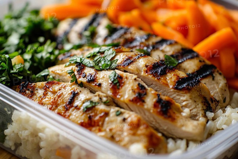 Close up of meal prep with healthy grilled chicken breast, carrots and rice. Generative Ai, AI generated