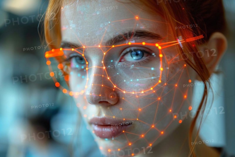 Face of a woman superimposed with futuristic facial recognition technology, symbolises highly developed security, AI generated, AI generated, AI generated