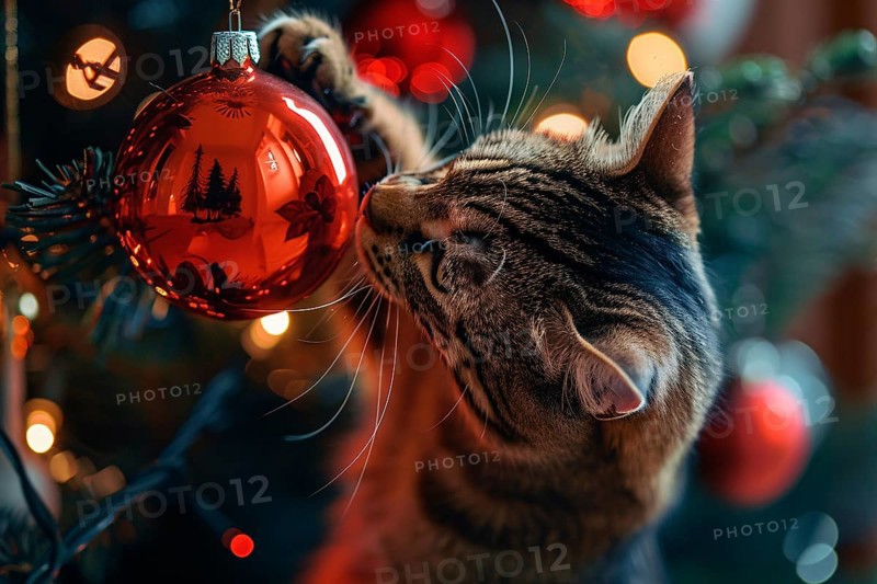 Cat playing with red Christmas tree bauble. Generative AI, AI generated