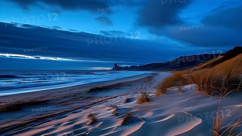 Sunset mood on a whispering tranquil costal landscape with sandy beach, AI generated