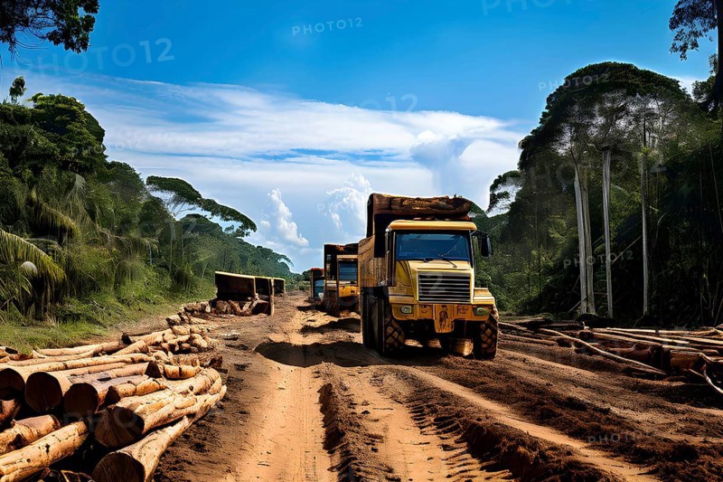 Trucks loaded with freshly cut timber wind through the narrow paths of the diminishing amazon rainforest, AI generated