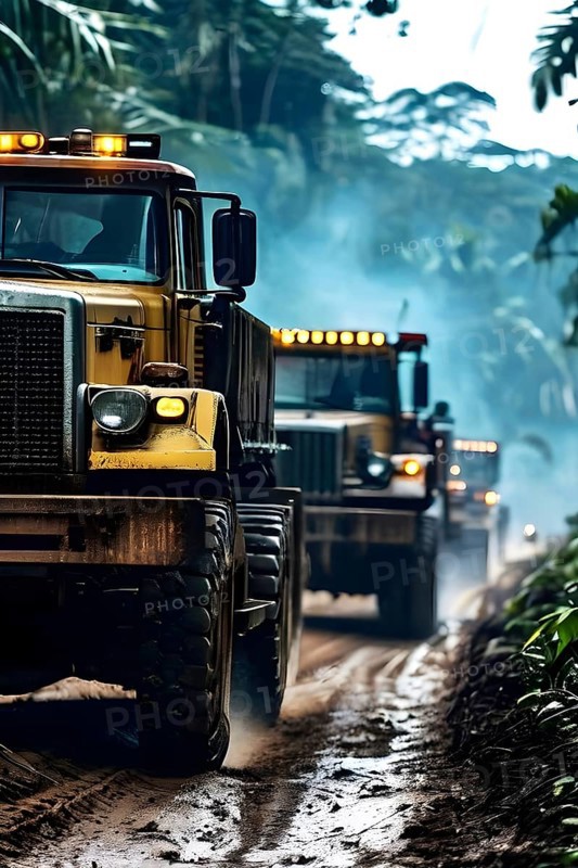 Trucks loaded with freshly cut timber wind through the narrow paths of the diminishing amazon rainforest, AI generated