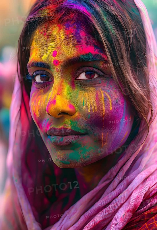 Indian woman colored face portrait during Holi Hindu festival, AI generated