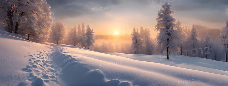 Footprints in fresh snow on a hill with a row of trees in winter in golden sunrise light, AI generated