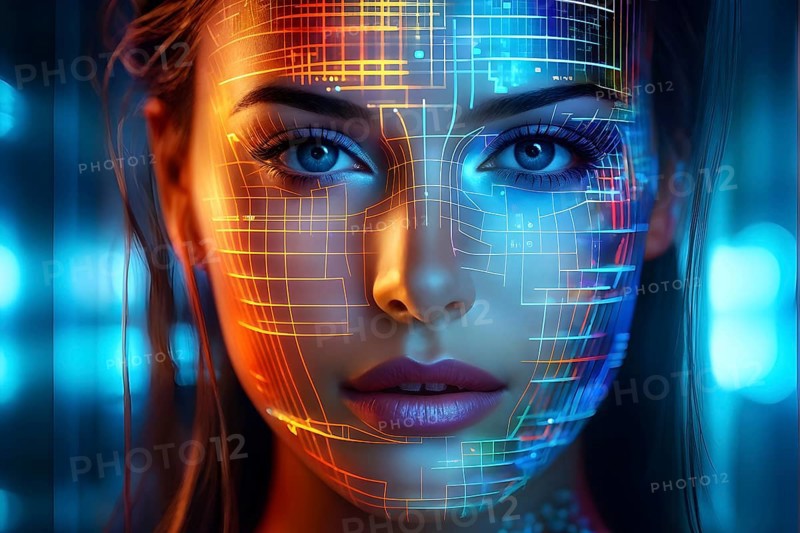 3d digital facial recognition displaying a female face with overlaid ai biometric data, AI generated