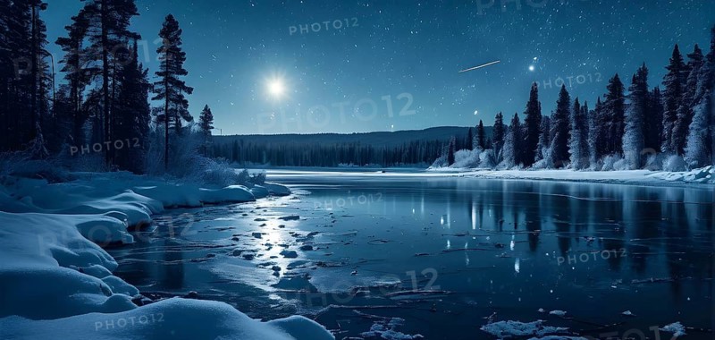 Tranquil winter night scene with a crescent moon and stars shining brightly over a frozen lake, with a line of snow-covered pine trees reflected in the lake, AI generated