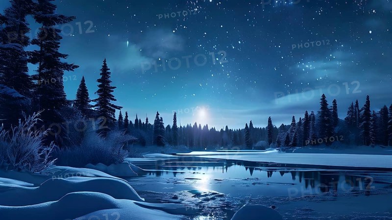 Tranquil winter night scene with a crescent moon and stars shining brightly over a frozen lake, with a line of snow-covered pine trees reflected in the lake, AI generated