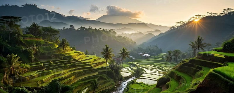 Early morning light bathes Philippines rice terraces cascading down mountain slopes, AI generated