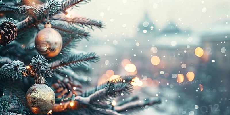 Christmas banner with golden bauble ornaments and blurry city and snow in background, Generative Ai, AI generated